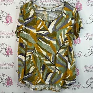 Rachel Zoe tshirt abstract paint style Olive and Mustard Leaf Print Top